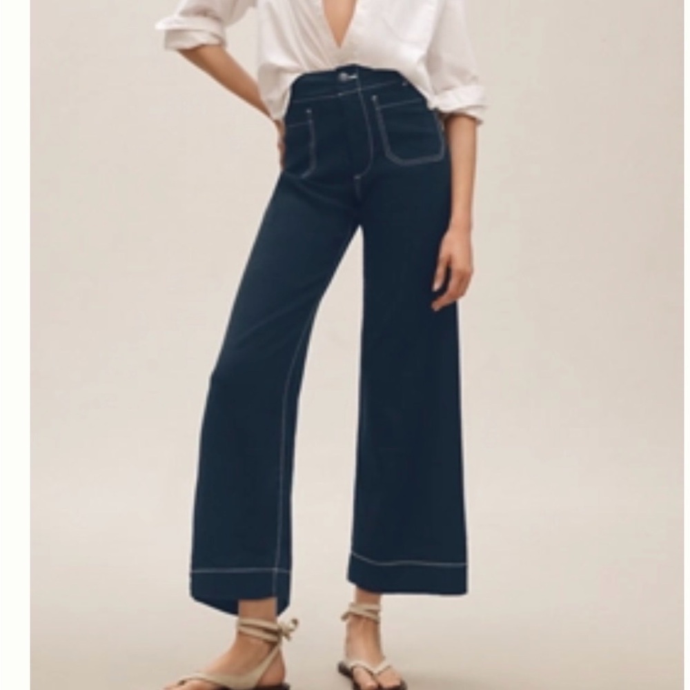 NWT The Colette Contrast-Stitch Linen Crop Wide-Leg Pants by Maeve